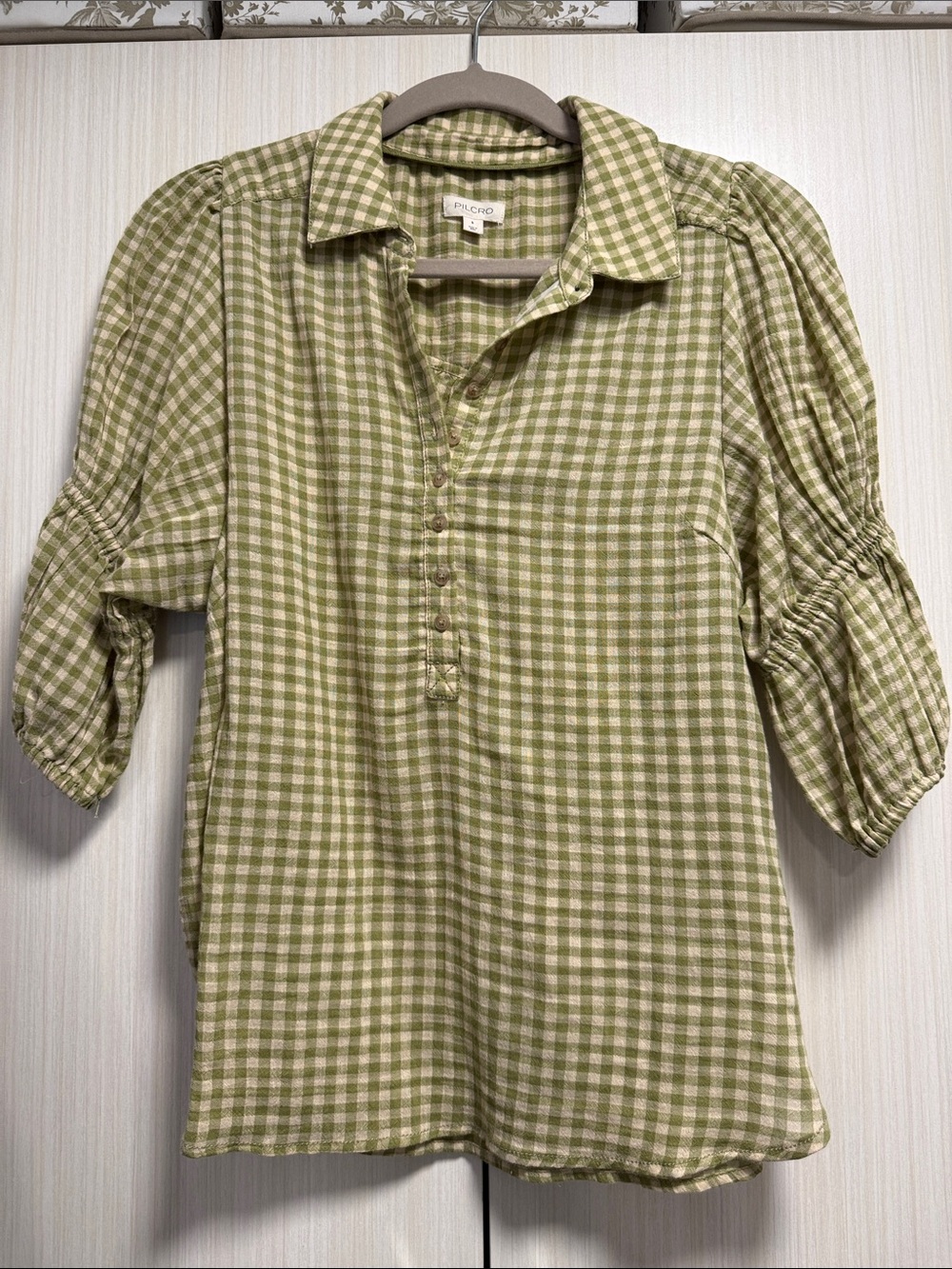 Pilcro Light Green Gingham Button-Front Blouse